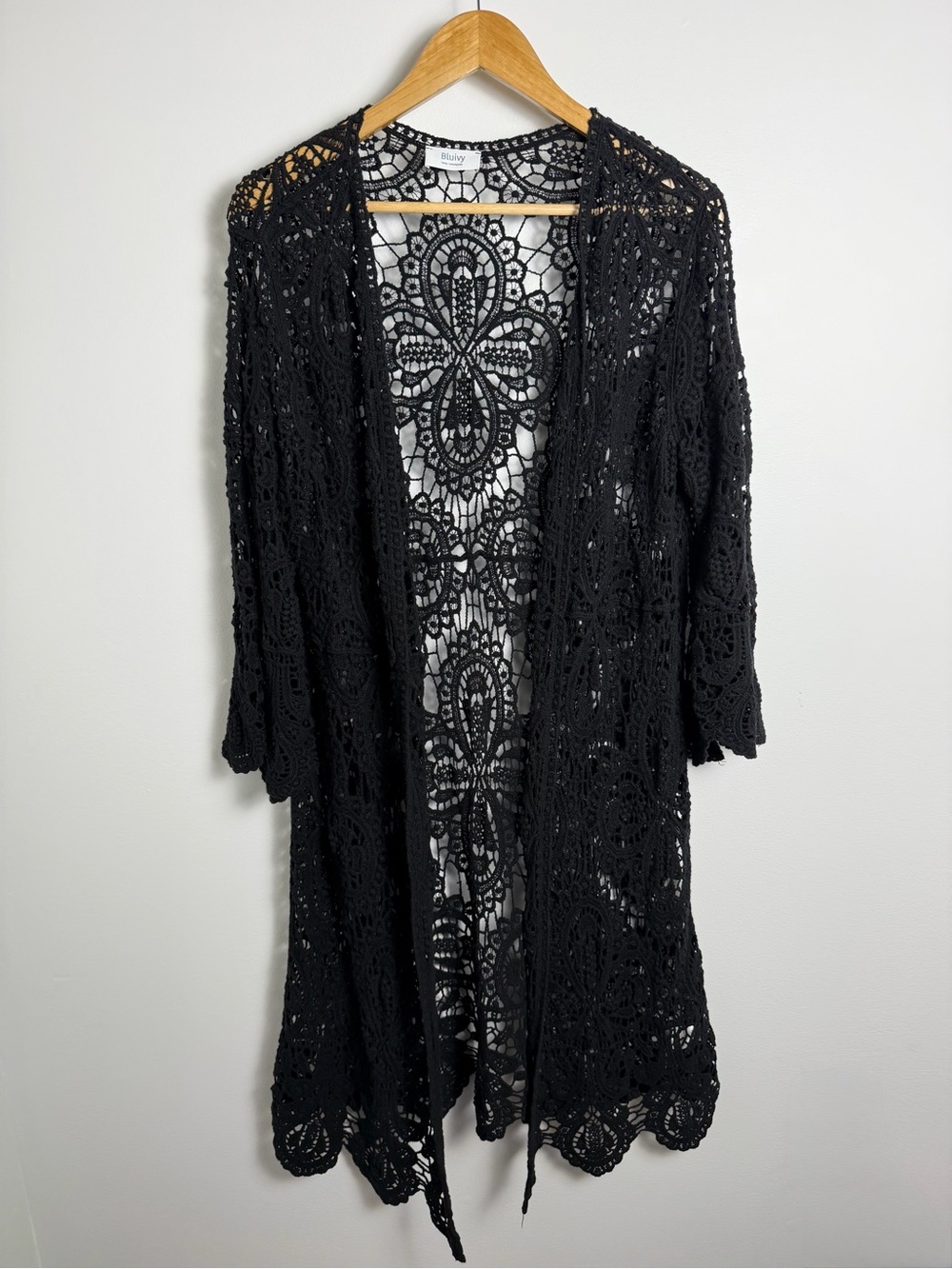 Bluivy Black Crochet Lace Longline Duster Kimono Boho L